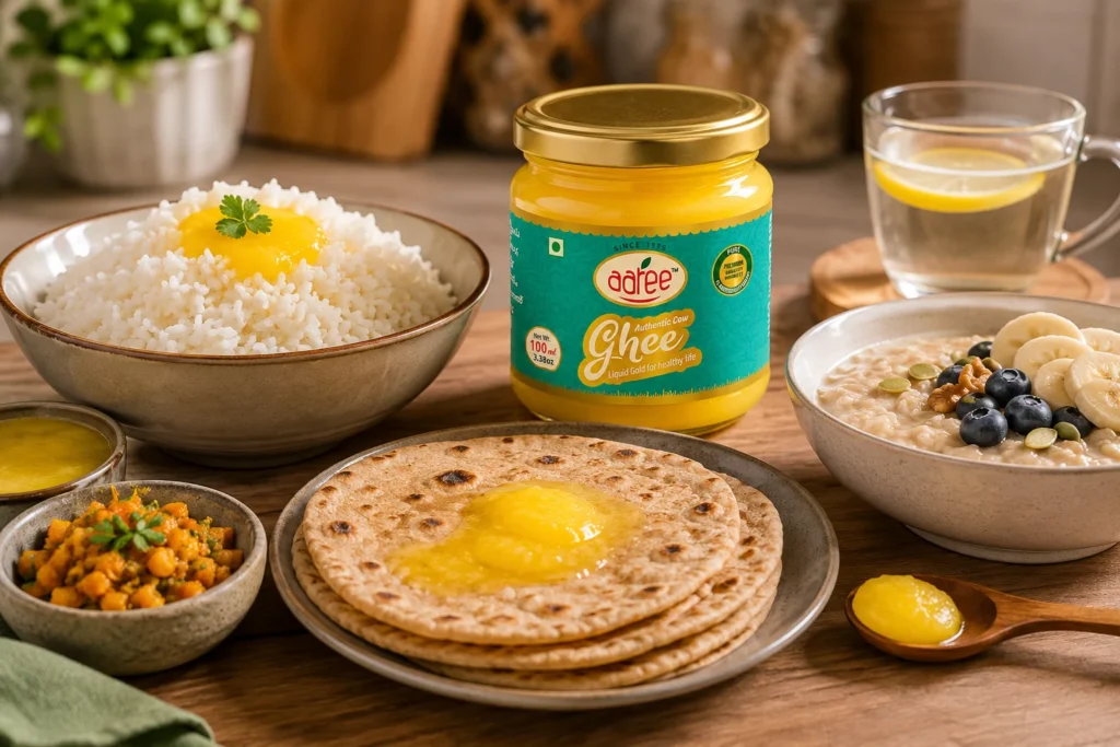 Desi cow ghee added to daily meals for traditional wellness and nutrition