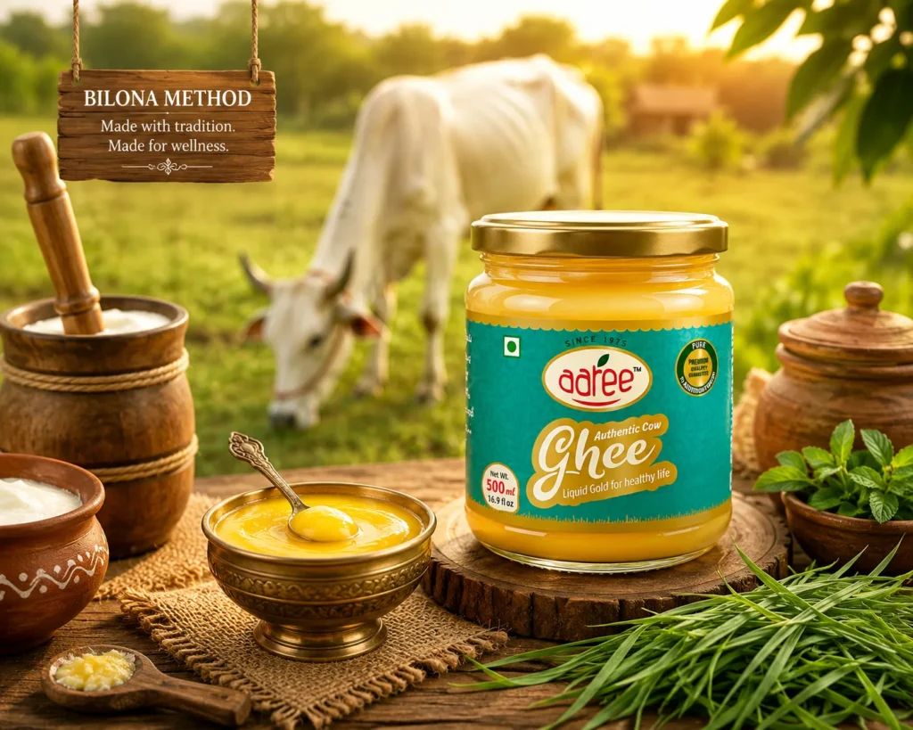 desi cow ghee made from grass-fed cow milk in an Ayurvedic farm setting