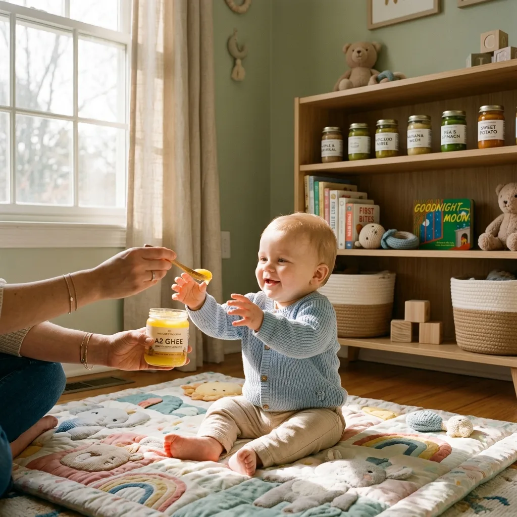 Baby being fed A2 ghee with a spoon while sitting on a play mat, showing how ghee can be introduced into a baby’s diet