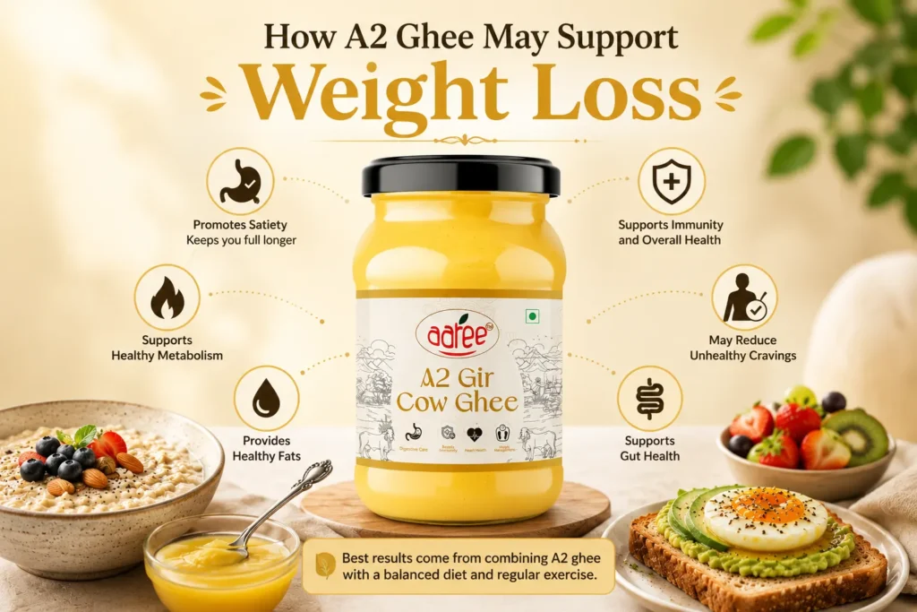 Infographic showing the potential benefits of A2 ghee for healthy weight management.