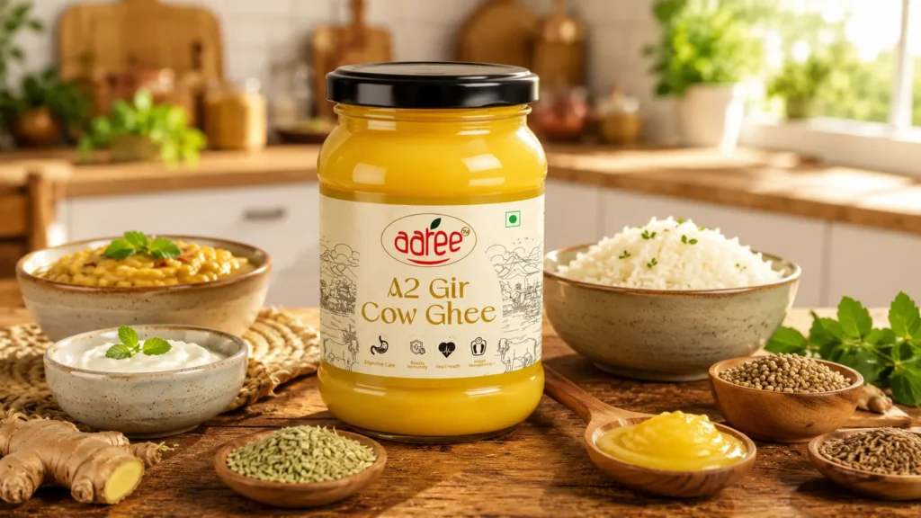 Illustrated as A2 ghee for digestion which can be added with the healthy options like rice and yogurt for gut healing