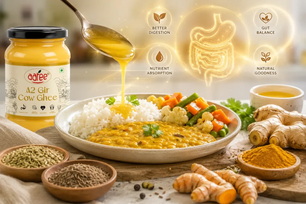 A spoon pouring melted golden A2 ghee over a healthy meal of rice, lentils, and vegetables, surrounded by ginger, turmeric, cumin, and fennel, representing digestive wellness, nutrient absorption, and natural gut health support.