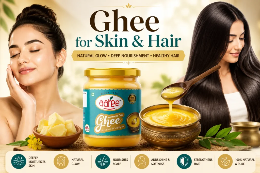 Natural ghee for skin and hair benefits with glowing skin and healthy hair
