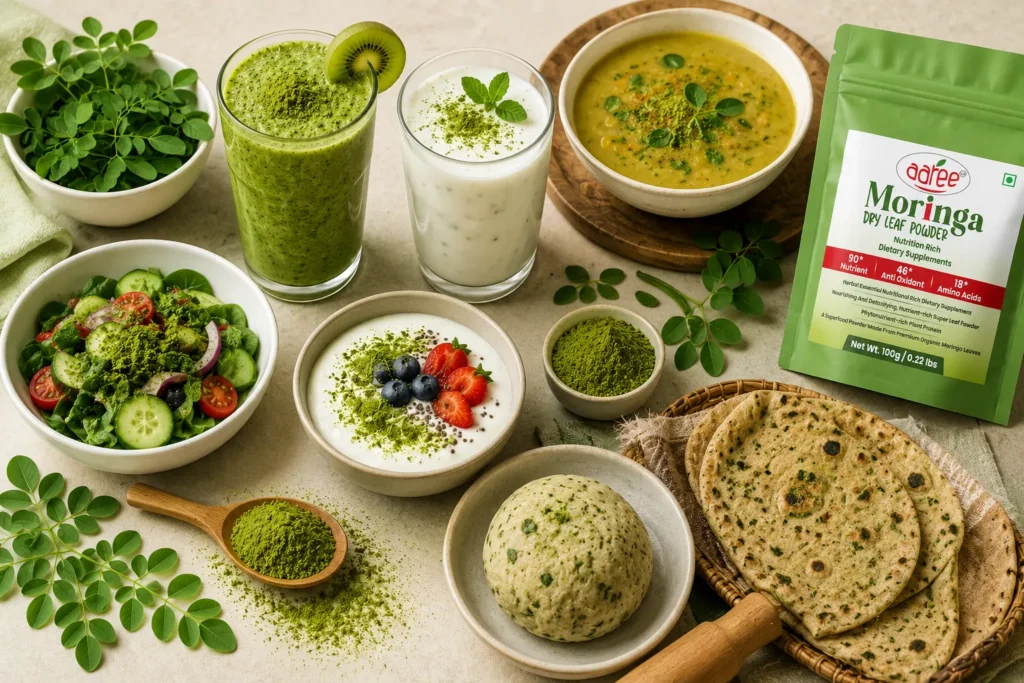 Healthy ways to use moringa powder for diabetes, including smoothies, yogurt, soups, salads, and chapati dough with AAREE Moringa Powder.