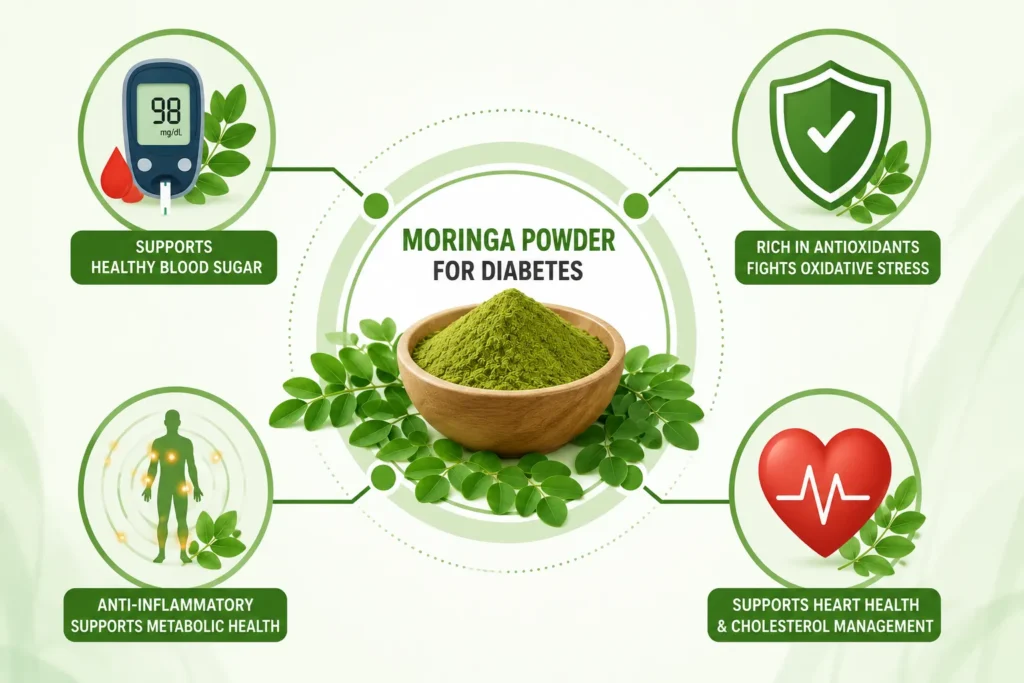 Illustration showing the potential benefits of moringa powder for diabetes, including blood sugar support, antioxidant protection, anti-inflammatory effects, and heart health.
