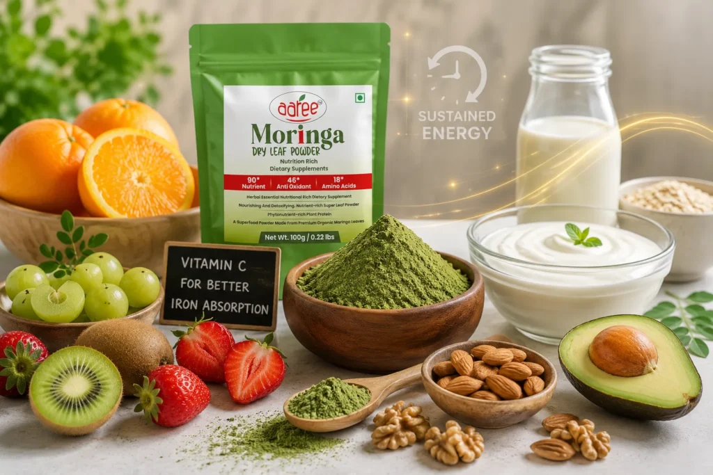 Moringa powder paired with vitamin C-rich fruits, nuts, and protein-rich foods to support nutrient absorption and natural energy production.