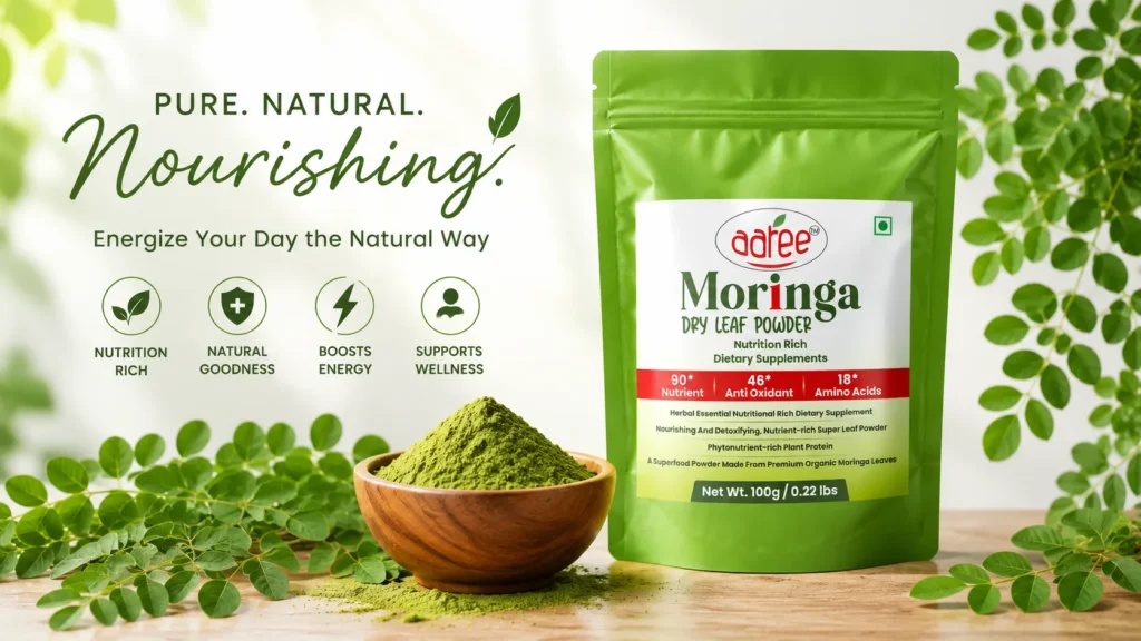 AAREE Moringa Dry Leaf Powder displayed with fresh moringa leaves and moringa powder in a wooden bowl on a clean natural background, promoting natural energy and wellness.