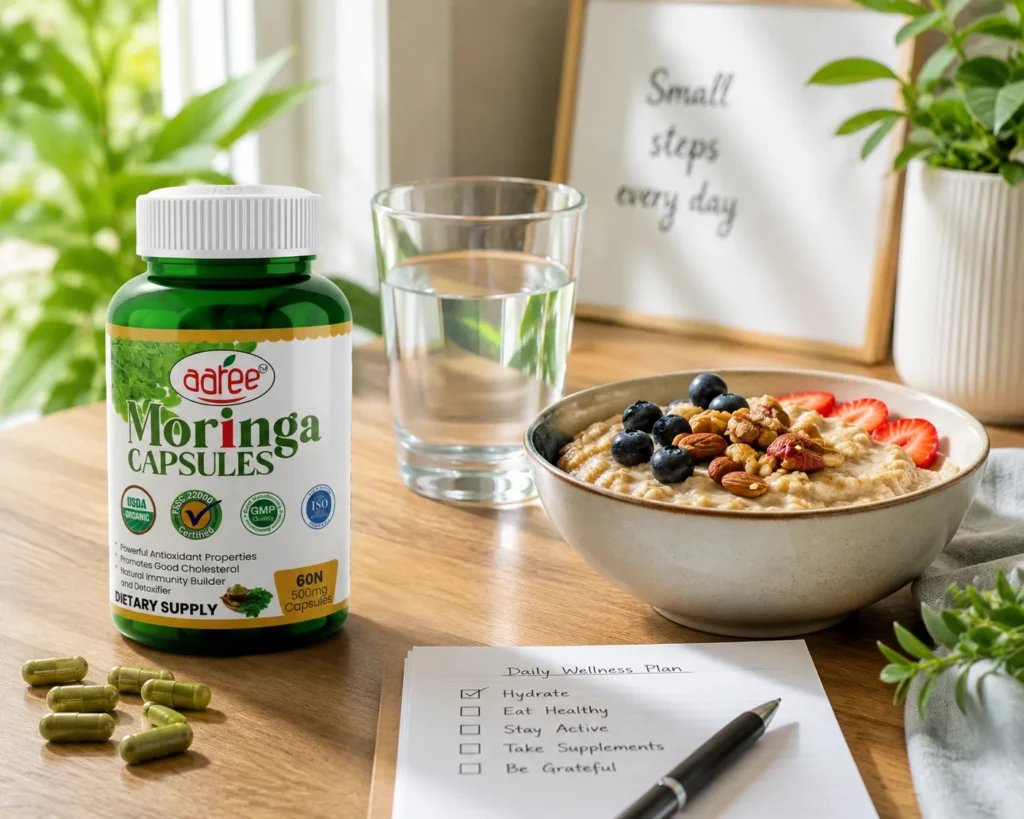 Moringa capsules as part of a healthy daily wellness routine with nutritious breakfast