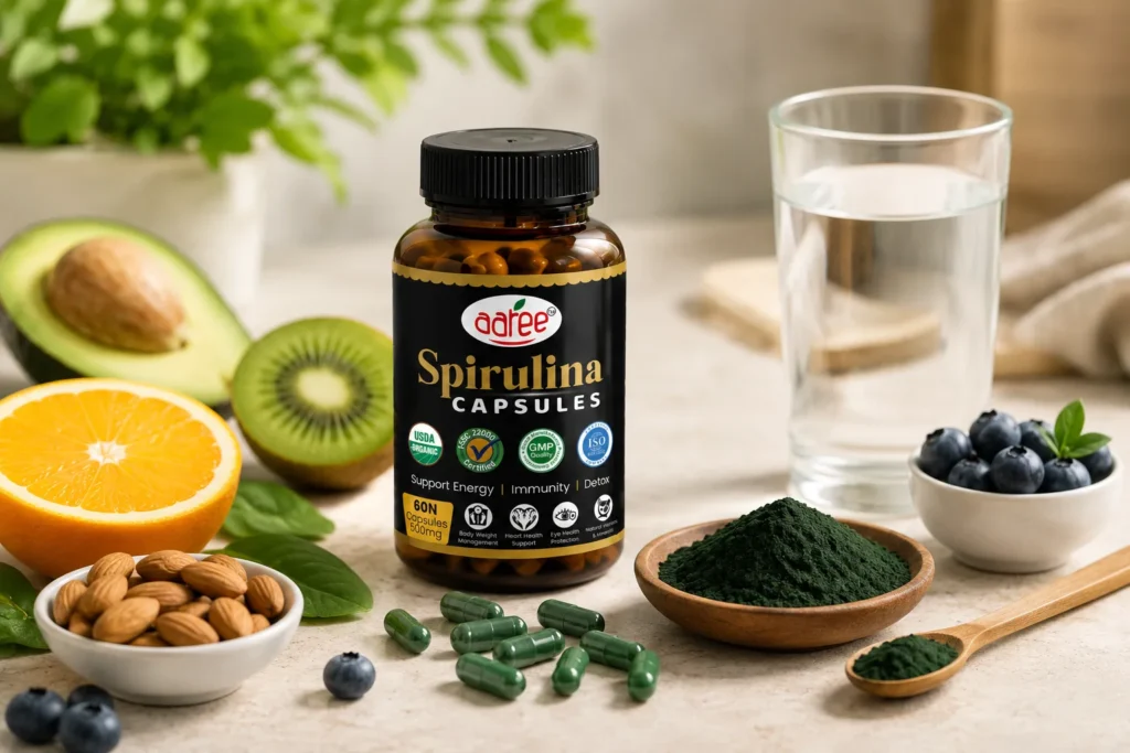 Spirulina and nutrient-rich foods that may support healthy, hydrated, and youthful skin
