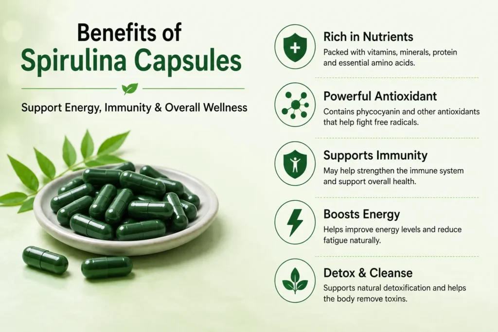 Infographic showing the benefits of spirulina capsules, including rich nutrients, antioxidant properties, immune support, energy boost, and natural detox benefits with green spirulina capsules
