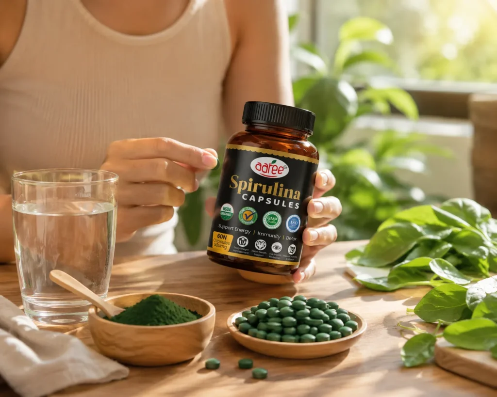 Person holding spirulina tablets before taking the recommended daily dosage