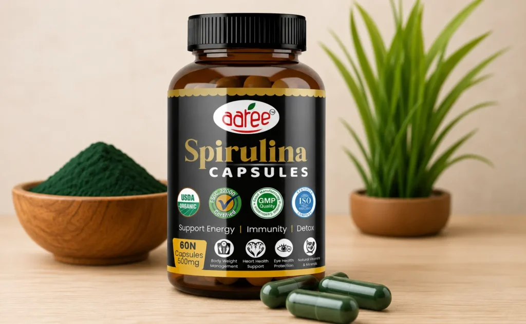 spirulina capsules in green bottle and spirulina powder in behind