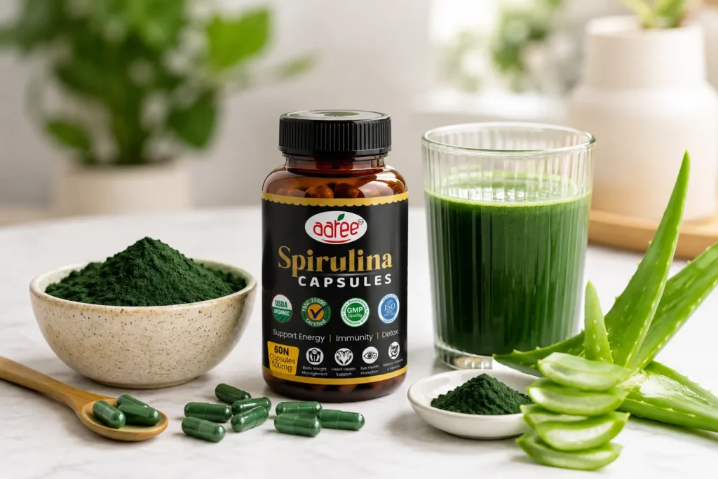 Spirulina capsules for glowing skin concept for natural skin health